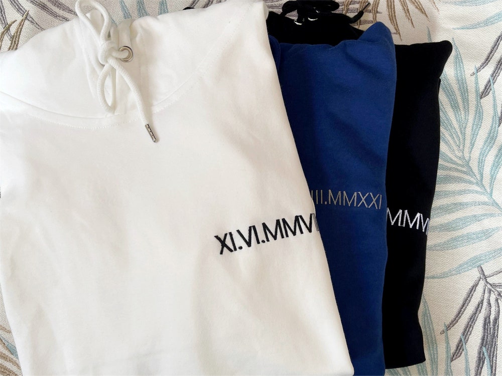 Personalized Roman Numeral Anniversary Hoodies, Custom Embroidered Date Hoodies, Wedding Crewneck Sweatshirt, Matching Couple Jumper Gift