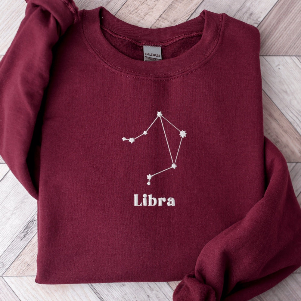 Libra Embroidered Sweatshirt, Embroidered Libra Crewneck Sweater, Embroidered Zodiac Shirt, Libra Shirt, Constellation Shirt