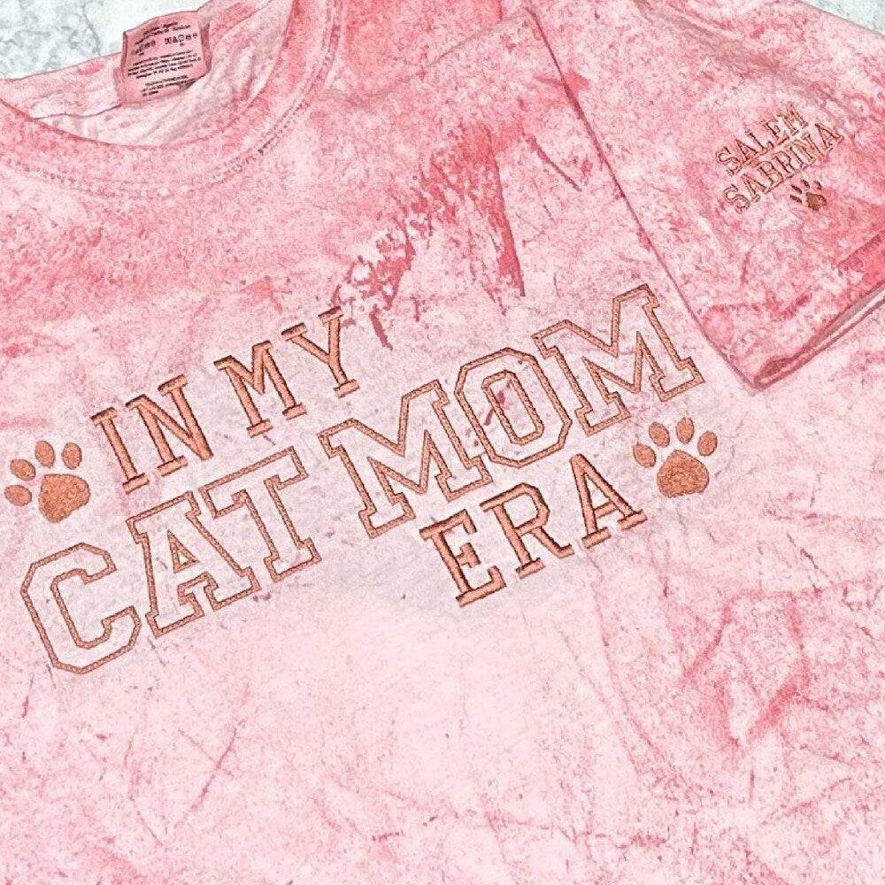 Personalized In My Cat Mom Era Embroidered Comfort Colors Tee, Embroidered Cat Mom T-Shirt With Dog Names, Customizable Gift For Cat Owner