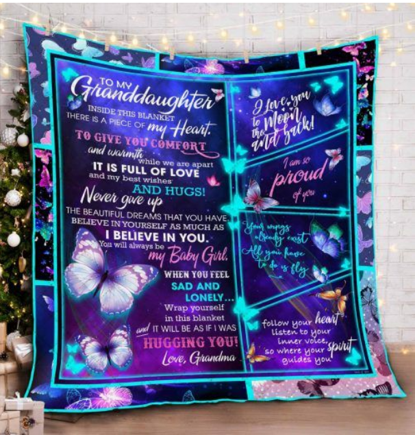 To My Granddaughter Butterfly Hugging You Blanket Gift From Grandma Birthday Gift Home Decor Bedding Couch Sofa Soft and Comfy Cozy