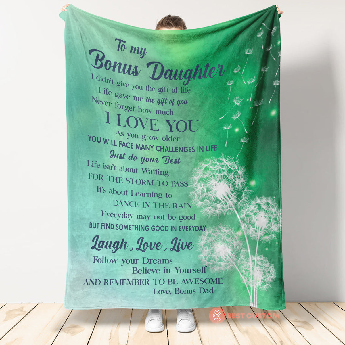 Gift For Bonus Daughter Blanket, To My Bonus Daughter I Love You Dandelion, Love From Bonus Dad