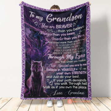 Gift For Grandson Blanket, To Grandson Grandma Wolf Braver