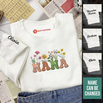 nana flowers with custom name embroidered apparel gift for grandma grandmother