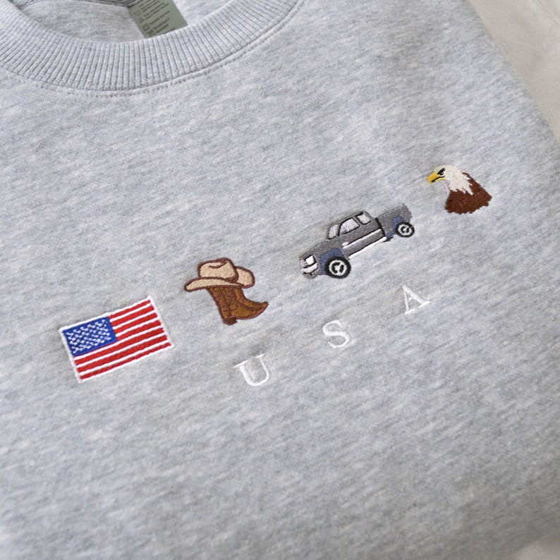 USA Embroidery Sweatshirt, United States, America, Crewneck, Flag, Cowboy Boots, Cowboy Hat, Cowgirl, Truck, Jeep, Eagle, Patriot, July 4th