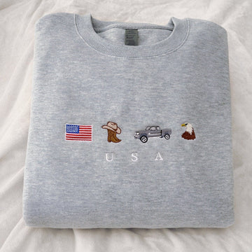 USA Embroidery Sweatshirt, United States, America, Crewneck, Flag, Cowboy Boots, Cowboy Hat, Cowgirl, Truck, Jeep, Eagle, Patriot, July 4th