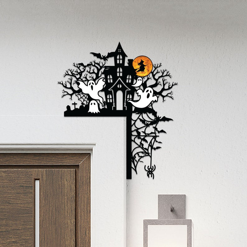 Halloween Door Corner Metal Sign, Haunted Mansion with Ghost Door Topper, Halloween Silhouette, Door Topper, Halloween Decor, Halloween Gift