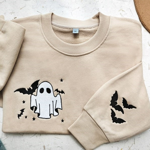 Ghost Embroidered Sweatshirt, Little Ghost Bat Shirt, Halloween Sweatshirt, Halloween Embroidered Sweatshirt, Ghost Sweatshirt,Spooky Season