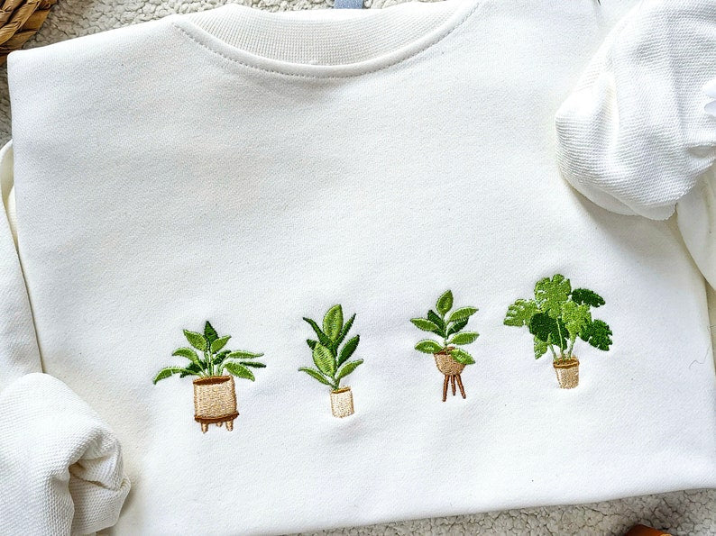 Embroidered Green Potted Plant Sweatshirt,Embroidered Crewneck ,Gardening Sweatshirt,Indoor Plant Gift For Her,Nature Lover Gift