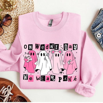 On Wednesday We Wear Pink Halloween Sweatshirt, Cute Pink Ghost Sweatshirt, Boo Book Halloween Sweater