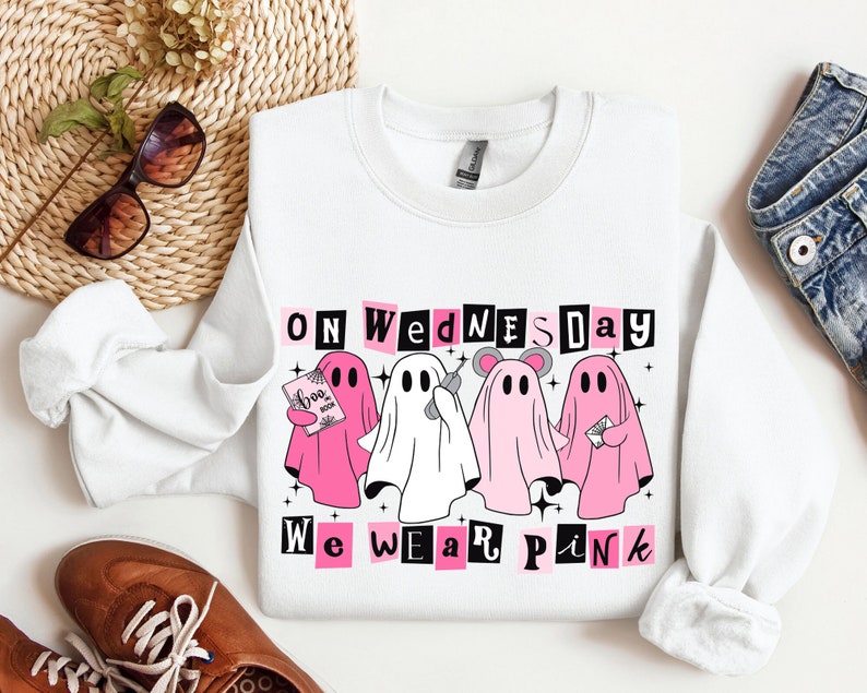 On Wednesday We Wear Pink Halloween Sweatshirt, Cute Pink Ghost Sweatshirt, Boo Book Halloween Sweater