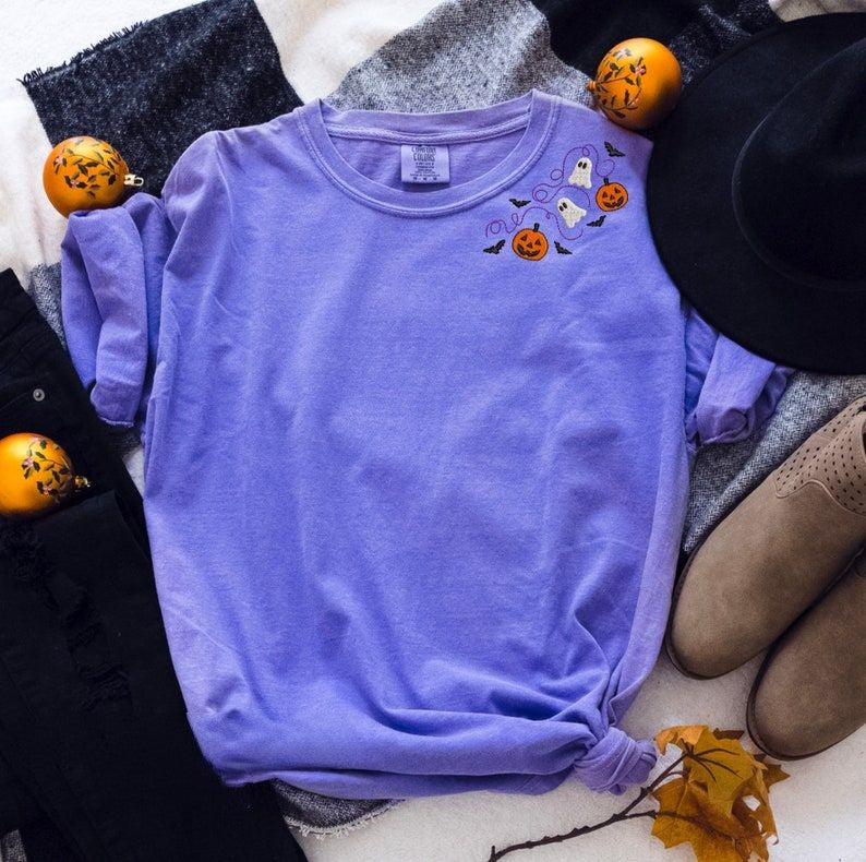 Embroidered Halloween Neckline Comfort Colors Shirt, Unisex Fit