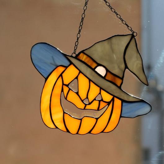 Stained Glass Pumpkin in a hat Fall Orange Halloween Suncatcher Picture Home Decor Window Wall Hangings Cling Nature Gift House