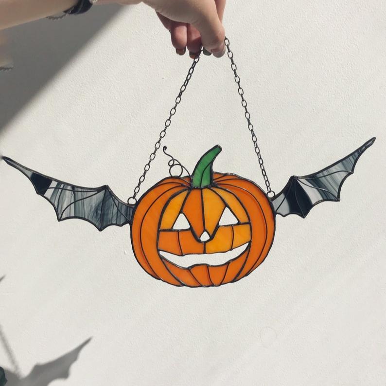 Halloween Pumpkin Suncatcher Stain Glass Bat Wings Orange Picture Home Decor Window Wall Hangings Cling Nature Ornament Gift