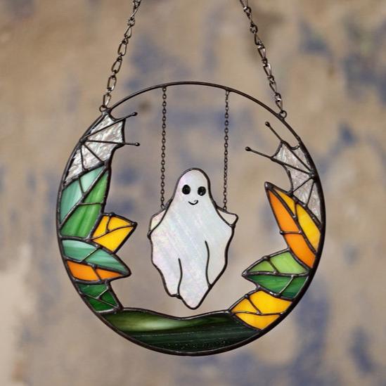 Gothic Suncatcher Ghost Funny Halloween Stain Glass ORIGINAL Horror Picture Home Decor Spooky Window Wall Hanging Fall Cling Witch gift