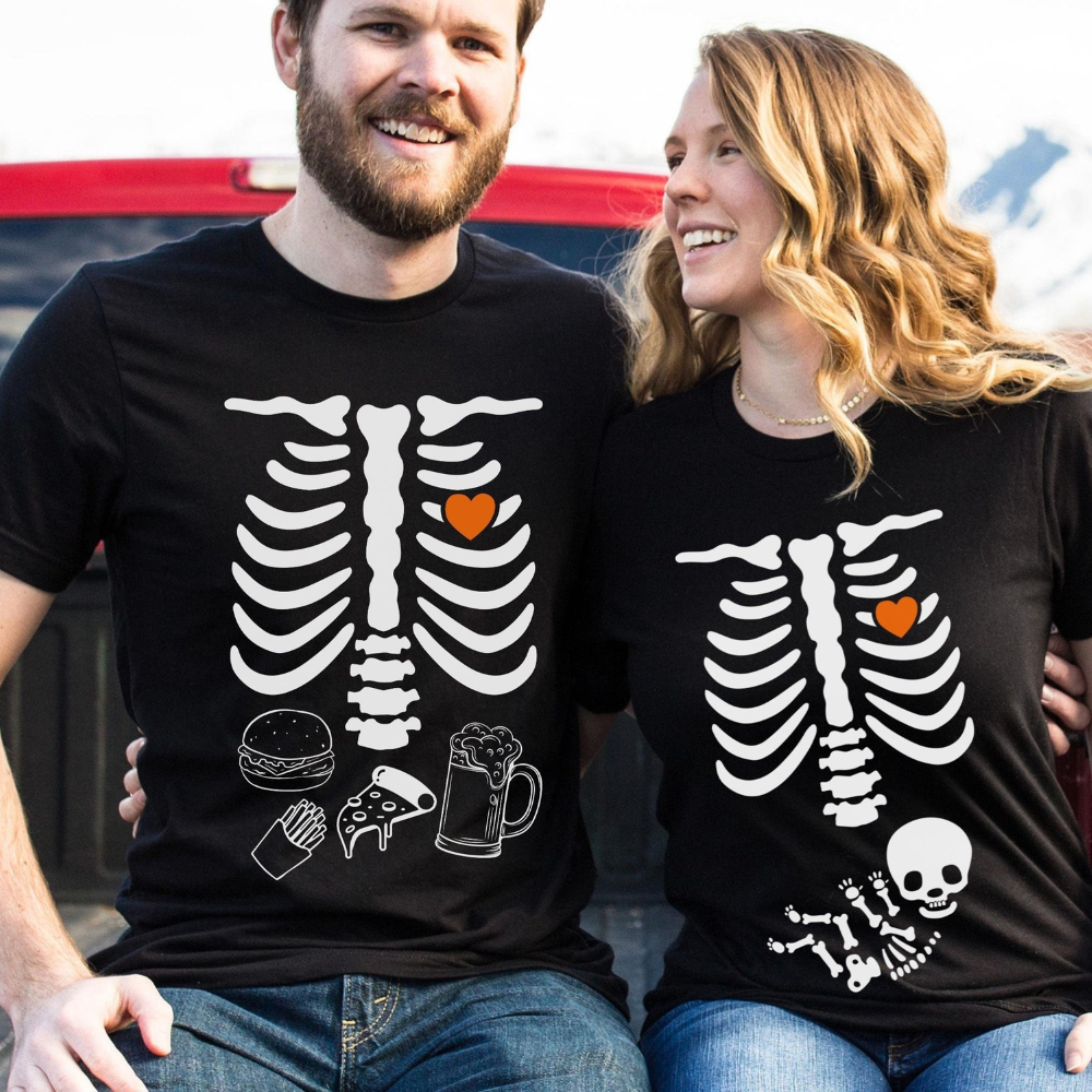 Halloween Maternity Shirt, Funny Expecting Couple Costume, Matching TShirt, New Mom and Dad To Be Gift, Skeleton Baby Pregnancy Announcement