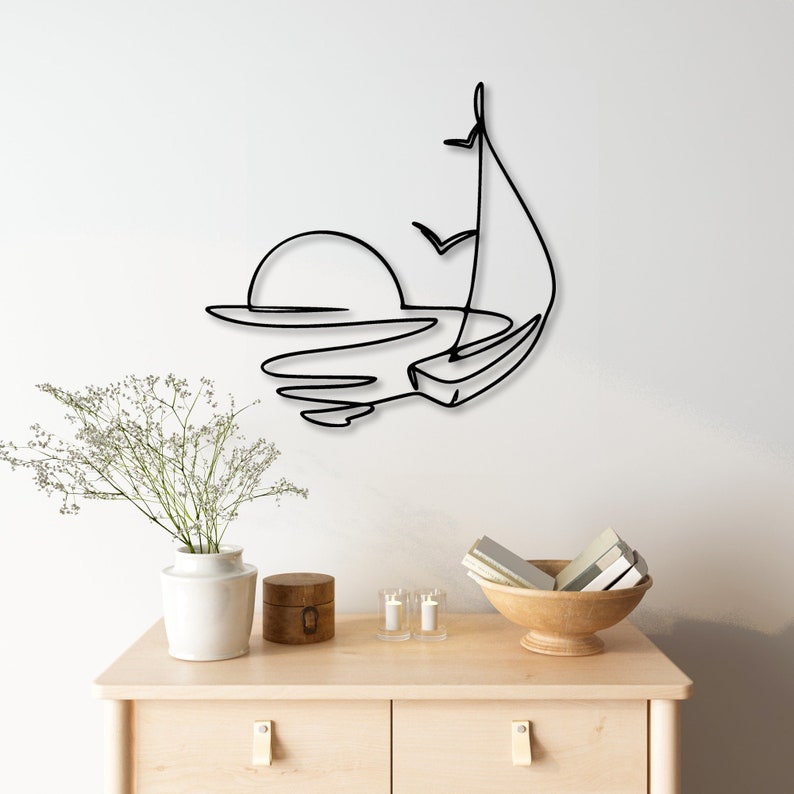 Sun and Sail Metal Wall Decor, Sun Metal Wall Art, Sea Lover Gift, Nautical Wall Decor, Sea Life Line Wall Art, Sailing Boat Metal Wall Art