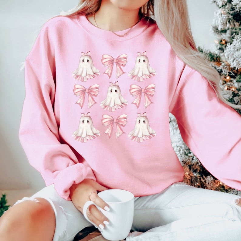 Coquette Halloween SweatShirt, Coquette Pink Bow Ghost Shirts, Cute Ghost Graphic Tee, Pink Coquette Halloween T-Shirt, Pink Spooky Vibes Shirts