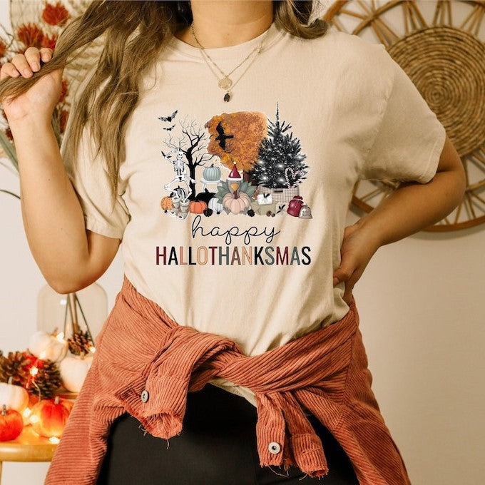 Happy Hallothanksmas Shirt, Happy Halloween Thanksgiving Christmas Shirt, Holiday Season Shirt, Funny Halloween Gift, Fall Shirt, Autumn Tee