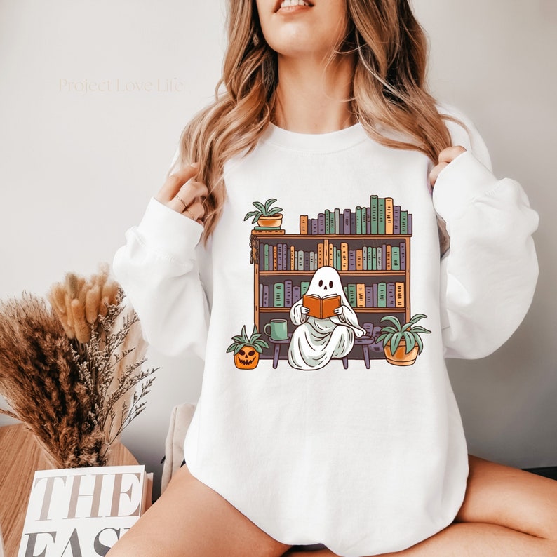 Bookish Ghost Sweater Spooky Library Shirt for Book Lover Reading Sweatshirt Cottagecore Pumpkin Crewneck Librarian Appreciation Gift