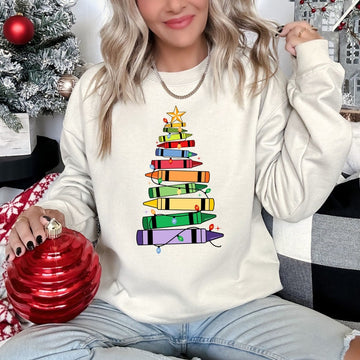 Christmas Crayons Tree Christmas Teacher Sweatshirt, Christmas Gift For Teacher, Teaching Tee, Teachers Day, Teachers Life Shirt, Teacher Life,Christmas Sweatshirt