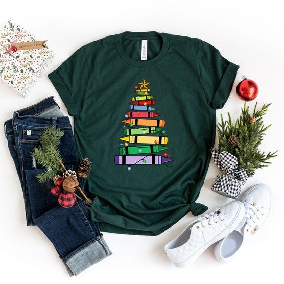 Christmas Crayons Tree Christmas Teacher T-shirt, Christmas Gift For Teacher, Teaching Tee, Teachers Day, Teachers Life Shirt, Teacher Life,Christmas T-shirt