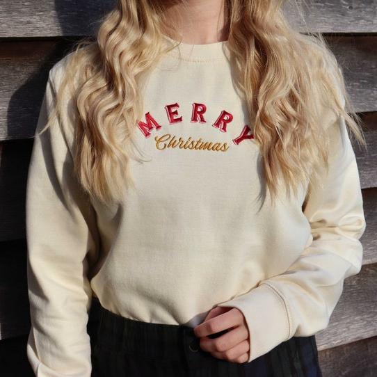 Retro Merry Christmas Embroidered Jumper, Unisex, Holidays Sweater, Stocking Filler, Vintage Festive Sweatshirt, Embroidery, 50s, Gift Ideas