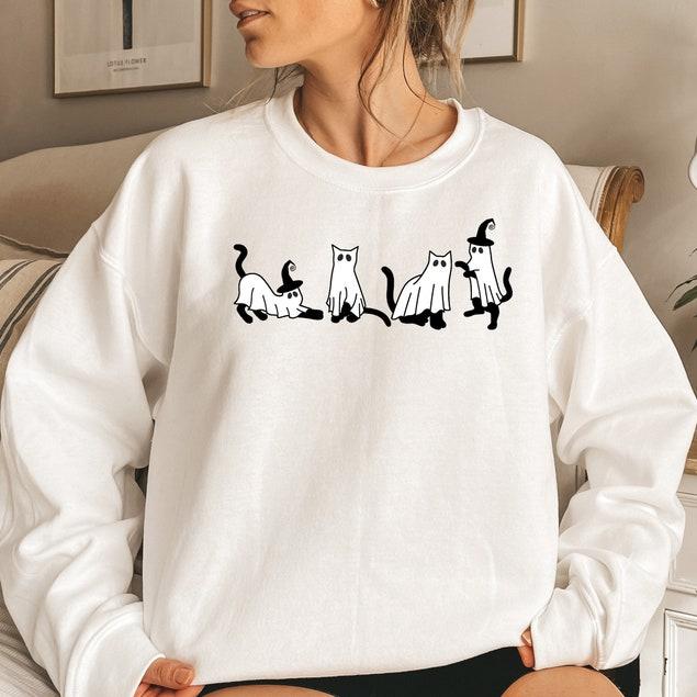 Halloween Sweatshirt, Cat Sweatshirt, Ghost Shirt, Black Cat Shirt, Cool Halloween Cat Shirt, Cat Lover Tshirt, Halloween Sweater