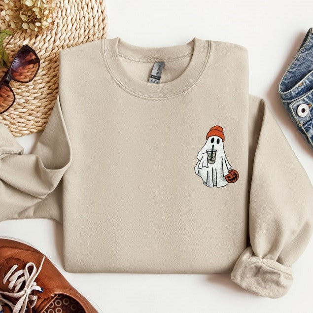 Ghost Embroidered Sweatshirt, Little Ghost Ice Coffee Shirt, Halloween Sweatshirt, Halloween Embroidered Sweatshirt, Ghost Sweatshirt