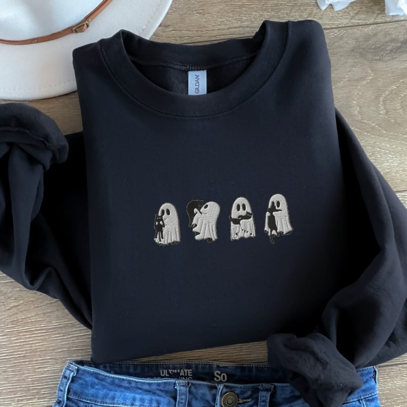 Embroidered Ghost Black Cats Sweatshirt, Embroidered Ghost Cats, Ghost With Black Cats Sweater, Halloween Embroidery, Spooky Season