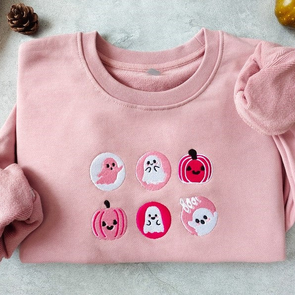 Halloween Cookies Boo Embroidered Sweatshirt, Pink Spooky Season Crewneck Sweatshirt, Ghost and Pumpkin Embroidered,Halloween Sweatshirt