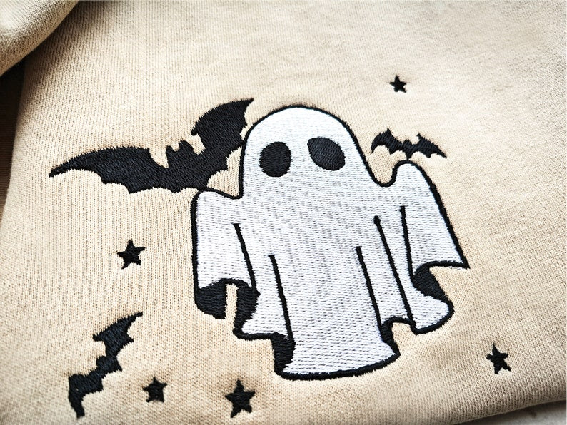 Ghost Embroidered Sweatshirt, Little Ghost Bat Shirt, Halloween Sweatshirt, Halloween Embroidered Sweatshirt, Ghost Sweatshirt,Spooky Season