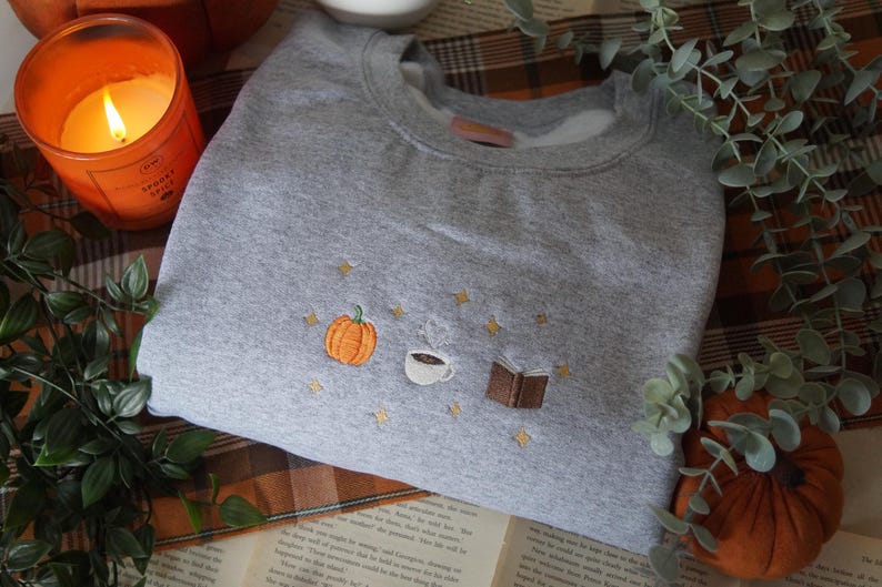 Autumn Icons Pullover Embroidered Jumper - Autumnal Sweatshirt - Fall Inspired Sweater - Pumpkin, Coffee Cup, and Book Autumn Design