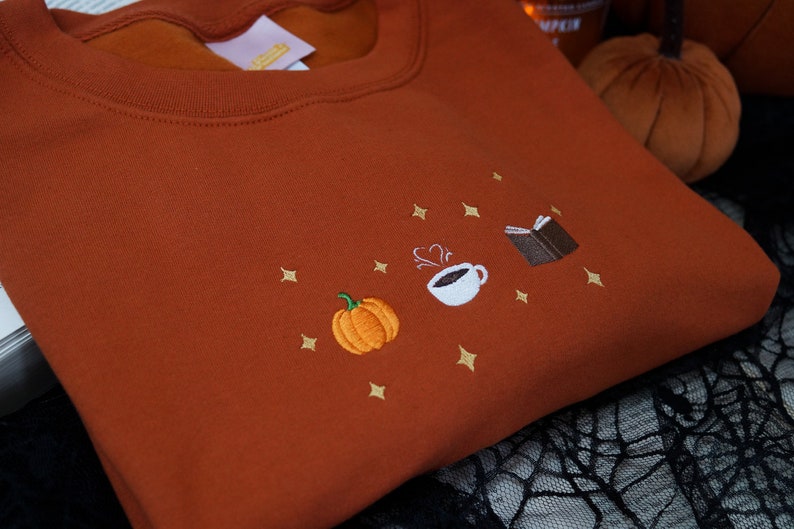 Autumn Icons Pullover Embroidered Jumper - Autumnal Sweatshirt - Fall Inspired Sweater - Pumpkin, Coffee Cup, and Book Autumn Design