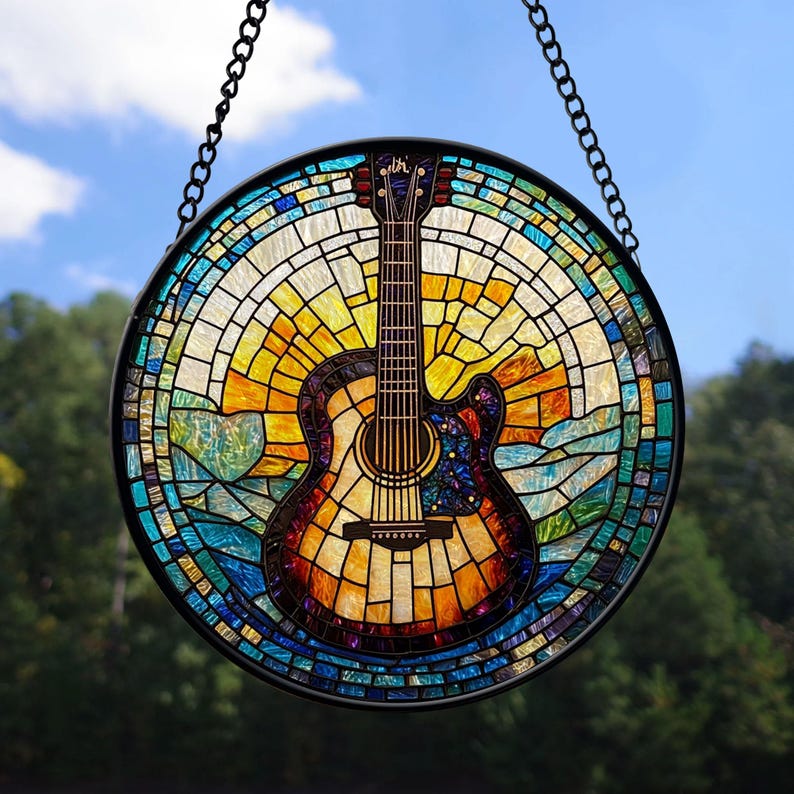 Stained Glass Guitar Suncatcher, Musical Instrument Stained Glass Ornament, Music Lover Gift, Guitar Lover gift, House decor, Housewarming