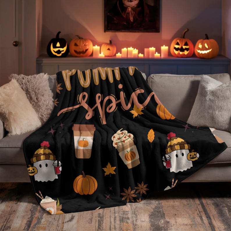 pumpkin spice coffee halloween blanket fall decor ghost throw gift idea cute black halloween bedding