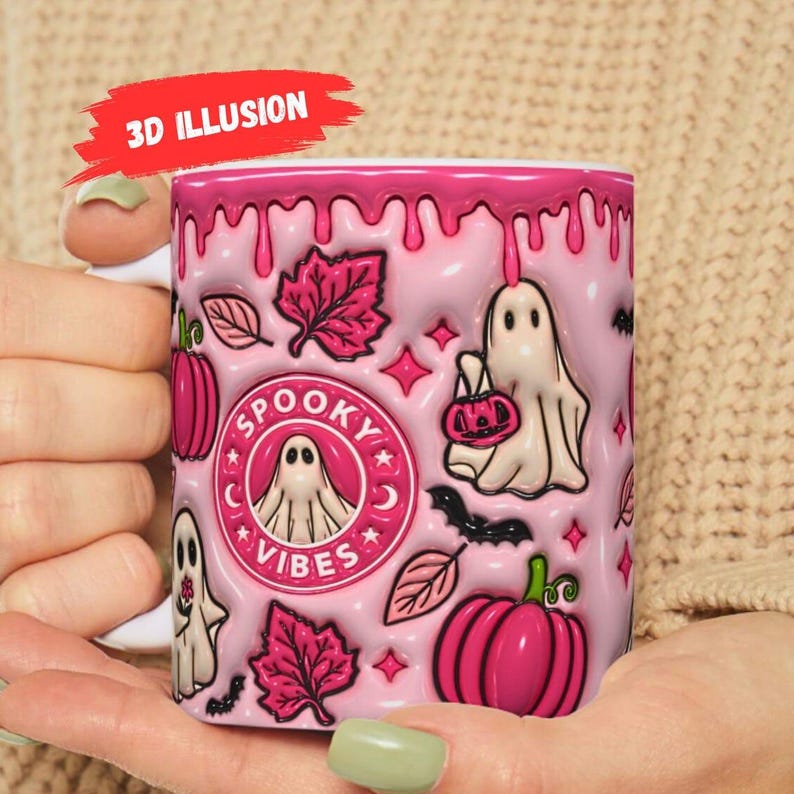 Pink Halloween 3D inflated effect printed mug autumn mug fall mug 3d halloween coffee mug pumpkin mug pumpkin spice mug ghost mug fall coffee mug 3d spooky mug