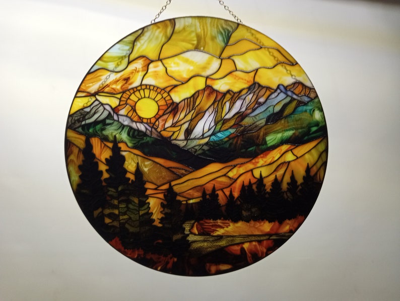 Mountain Range: Stained Glass Style Wall or Window Hanging Made With Real Glass