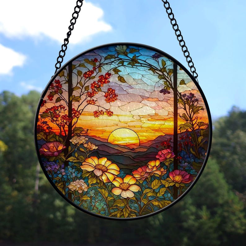 Stained Glass Mountain Range Suncatcher, Sunset Scenery window hangings for garden, House Decoration, House Decor, Housewarming Gift