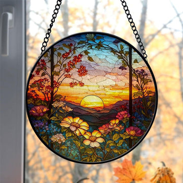 Stained Glass Mountain Range Suncatcher, Sunset Scenery window hangings for garden, House Decoration, House Decor, Housewarming Gift