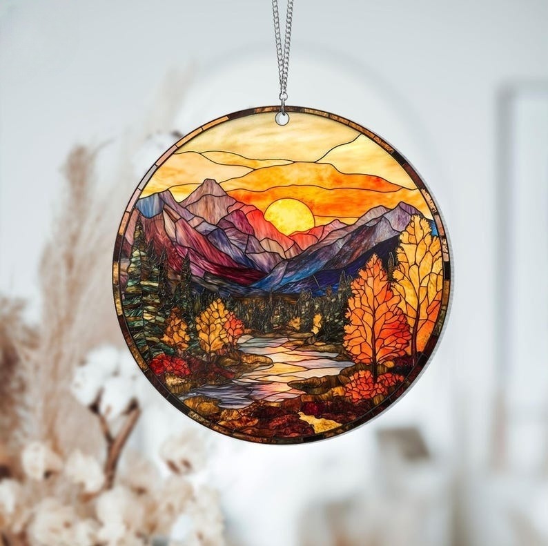 Mountain Range Stained Glass Window Decor Gift for Mothers Day, Acrylic Window Hangings,Suncatcher Ornament,Home Decor,Birthday Gift for Her