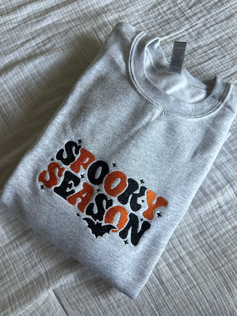 Spooky Season Embroidered Sweatshirt, Halloween Embroidered Crewneck Sweatshirt, Embroidered Adult Sweatshirt, Many Colors