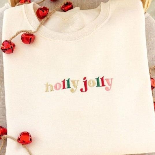 Holly Jolly Retro Embroidered Crewneck Sweatshirt or T-shirt, Christmas Colorful Winter Vintage Wash Tee, Secret Santa Gift