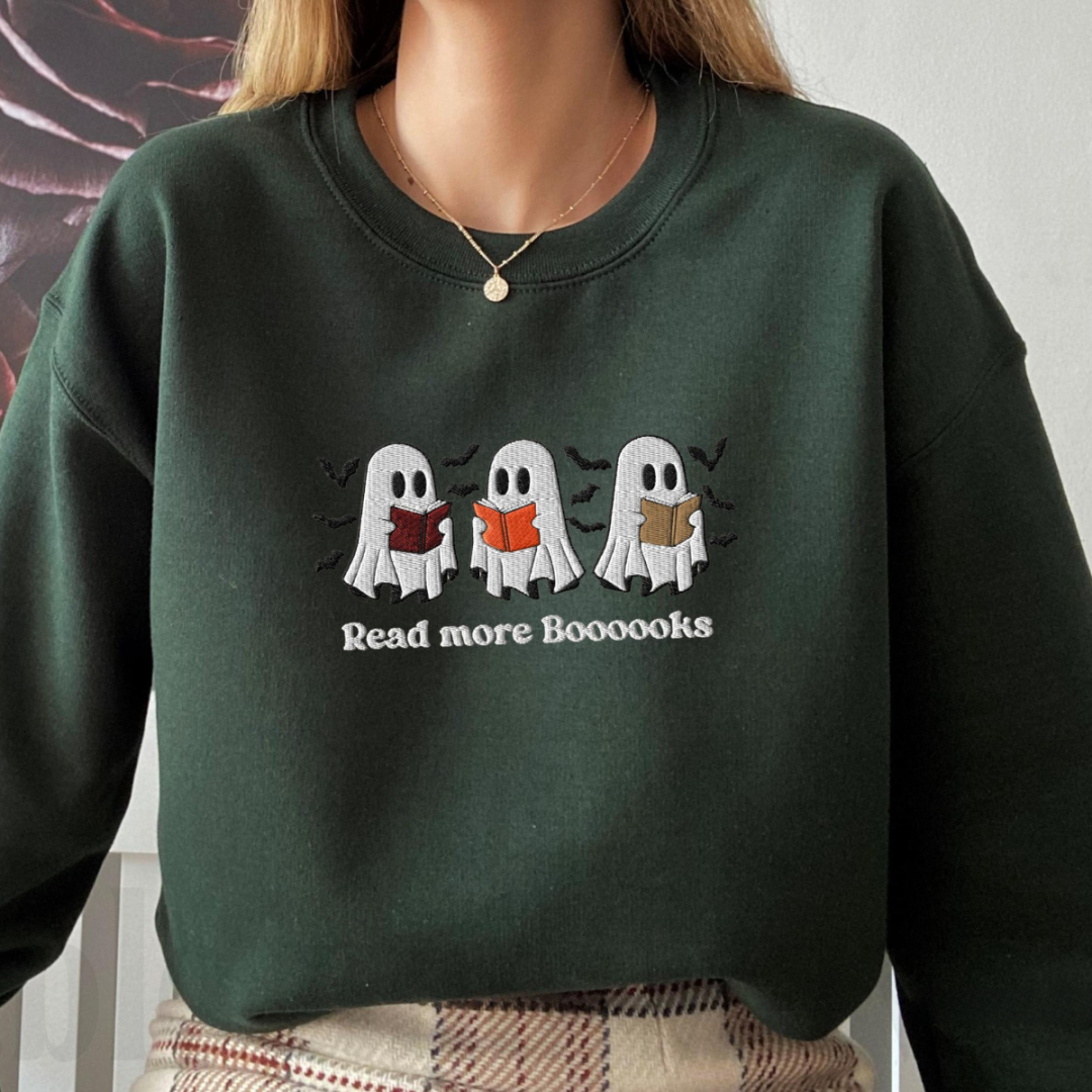 Embroidered read more books ghost sweatshirt, bookish halloween fall teacher sweater cute reading ghost sweatshirt for library for librarian