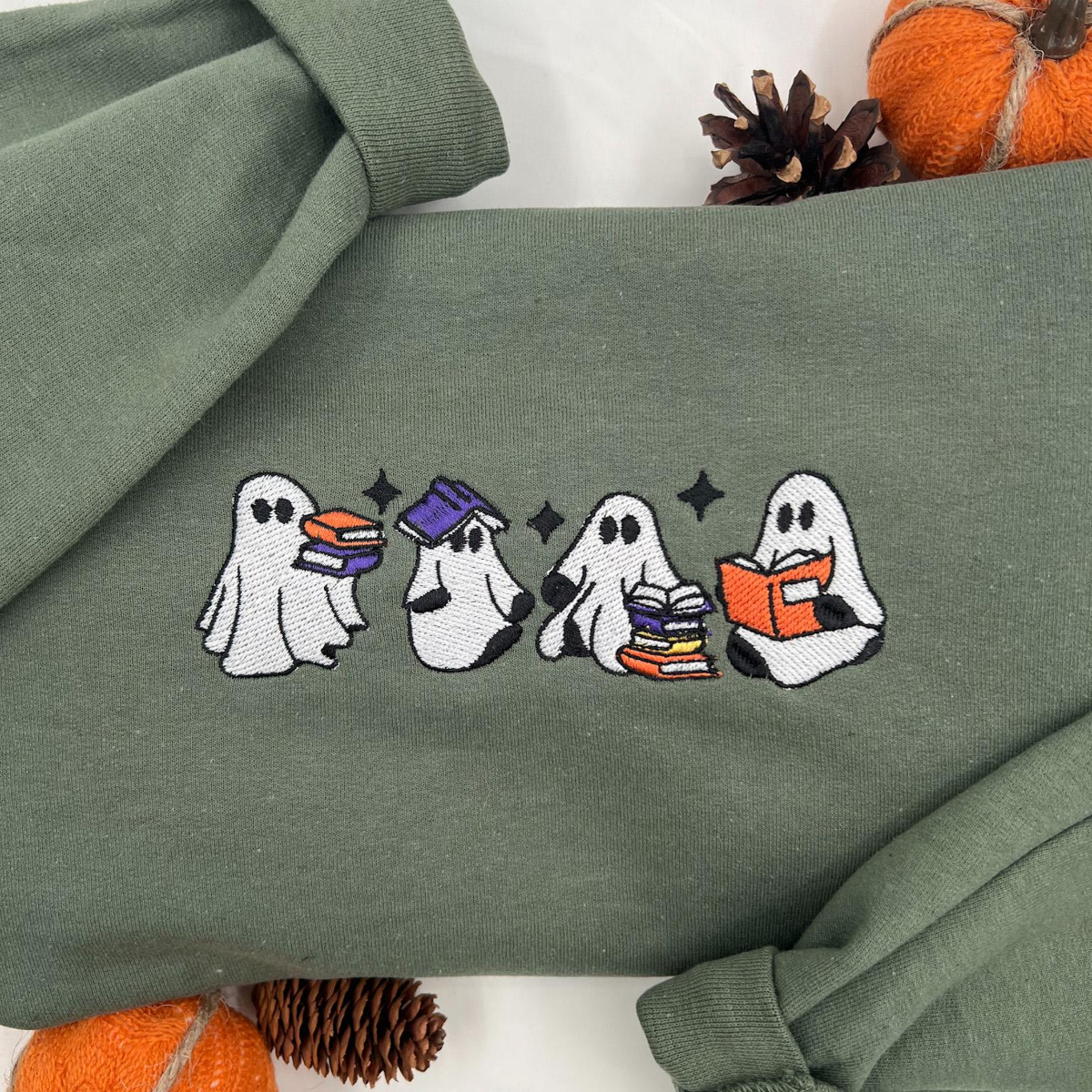 Ghost Reading Sweatshirt, Halloween Sweatshirt, Embroidered Ghost, Ghost Reading Books, Fall Crew, Halloween Embroidery, Ghost Book Sweater