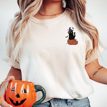 Cute Cat Halloween Shirt Embroidered Fall Shirt Retro Spooky Season Tee cat Halloween T-Shirt Pumpkin Tshirt Fall Crewneck