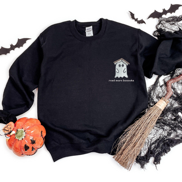 Embroidered Teachers Halloween Sweatshirt, Embroidery Read More Books Sweater, Halloween Gift For Book Lover, Reader Ghost Sweatshirt