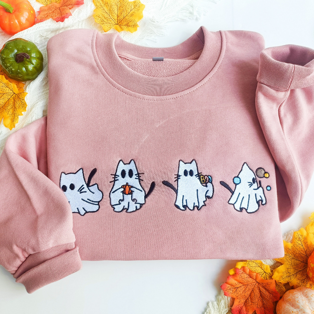 Ghost Cats Halloween Embroidery Sweatshirt, Cute Halloween Ghost Sweater, Cat Lover Gifts, Halloween Gift