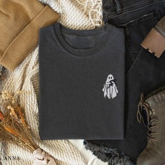 Embroidered Ghost Shirt, Halloween Shirt, Black Cat, Fall Shirt for Women, Halloween Crewneck, Ghost Shirt, Spooky Season