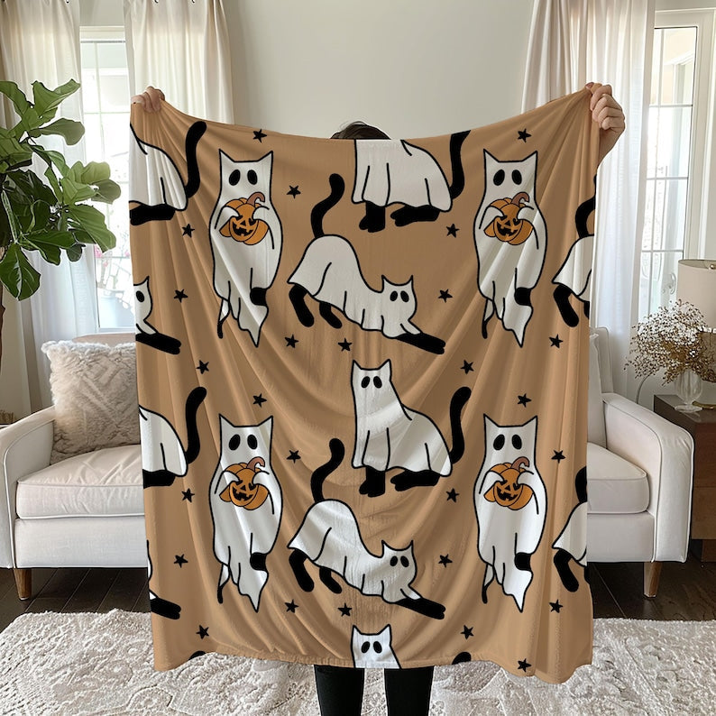 halloween ghost cat blanket halloween cat blanket black cat blanket halloween blanket pumpkin cat blanket cat bedding gift