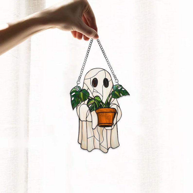 cute ghost plant suncatcher ghost and monstera stained glass suncatcher halloween ghost window hangings plant lovers gift gift for mom